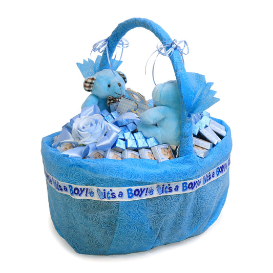 Baby Boy Born & Birthday Gift Belgium Chocolates Mini Basket with Teddy Bear