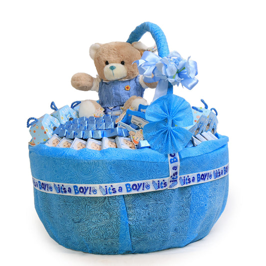 Baby Boy Born - Birthday Gift Belgium Chocolates Mini Basket with Teddy Bear